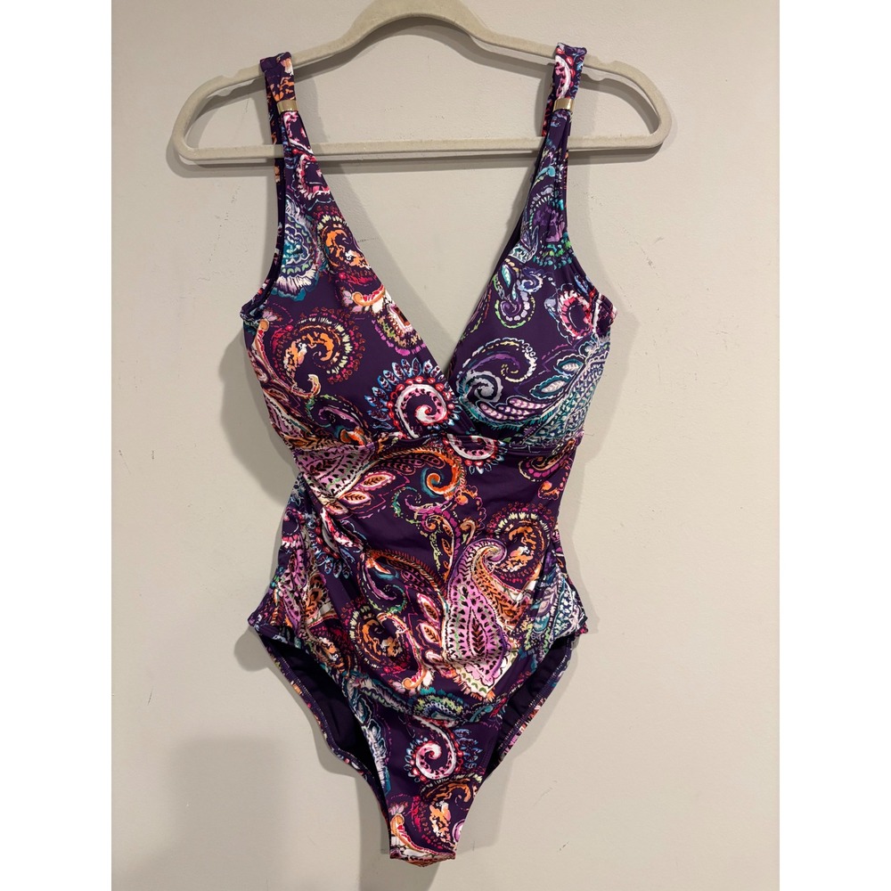 Lauren Ralph Lauren Paisley One Piece Swimsuit Size 12 Purple Tummy Control